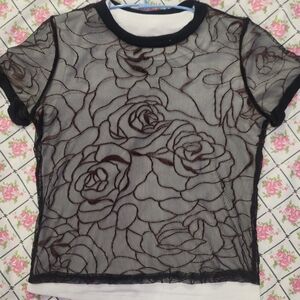 Black And Burgundy Rose Mesh Top
